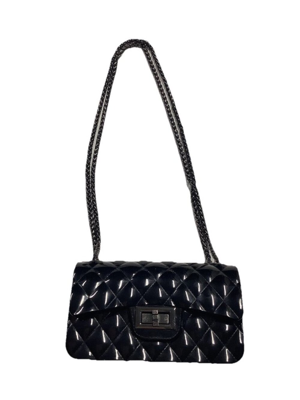 Mini Black Shiny Jelly Bag Gunmetal Chain Trending Mini Handbag